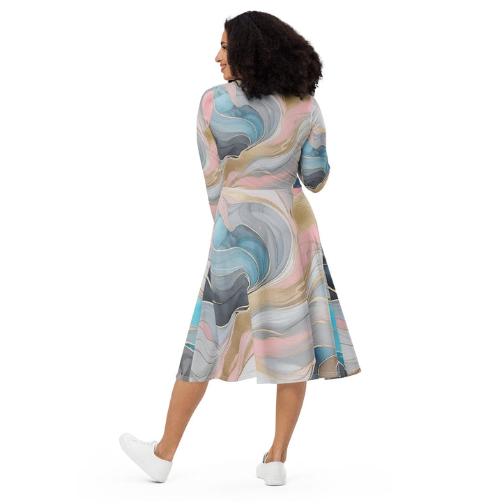 Womens Long Sleeve Midi Dress - Marble Cloud of Grey Pink Blue 82395-4