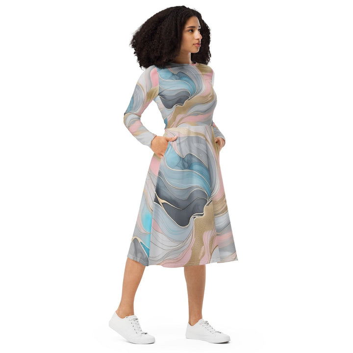 Womens Long Sleeve Midi Dress - Marble Cloud of Grey Pink Blue 82395-3
