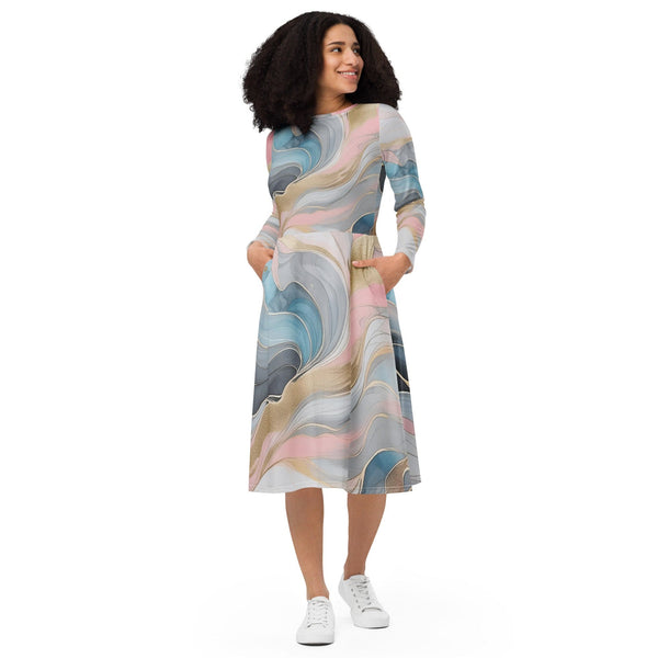 Womens Long Sleeve Midi Dress - Marble Cloud of Grey Pink Blue 82395-0