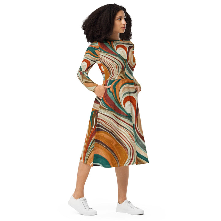 Womens Long Sleeve Midi Dress - Marble Print 17163-3