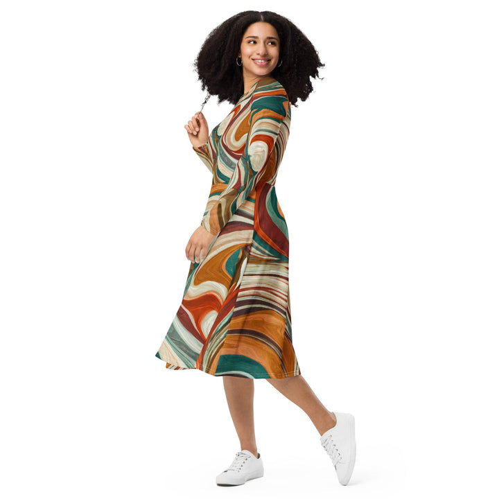 Womens Long Sleeve Midi Dress - Marble Print 17163-2