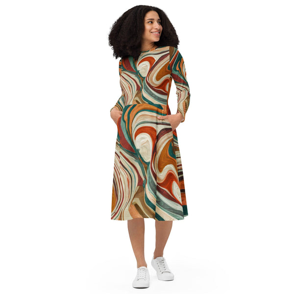Womens Long Sleeve Midi Dress - Marble Print 17163-0