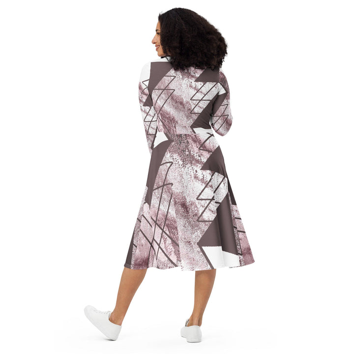 Womens Long Sleeve Midi Dress - Mauve Rose and White Triangular-1
