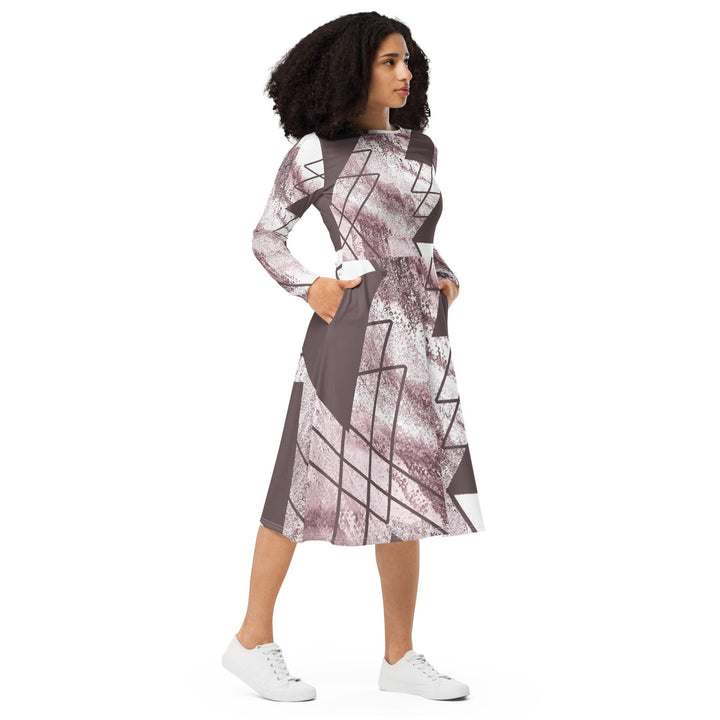 Womens Long Sleeve Midi Dress - Mauve Rose and White Triangular-3
