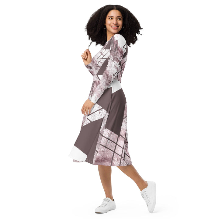 Womens Long Sleeve Midi Dress - Mauve Rose and White Triangular-2