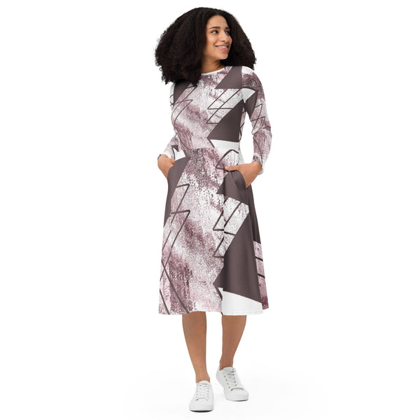 Womens Long Sleeve Midi Dress - Mauve Rose and White Triangular-0
