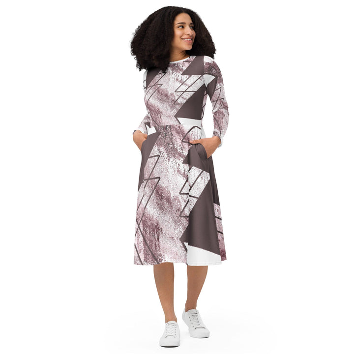 Womens Long Sleeve Midi Dress - Mauve Rose and White Triangular-0