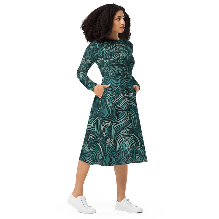 Womens Long Sleeve Midi Dress - Mint Green Water Wave Print-3