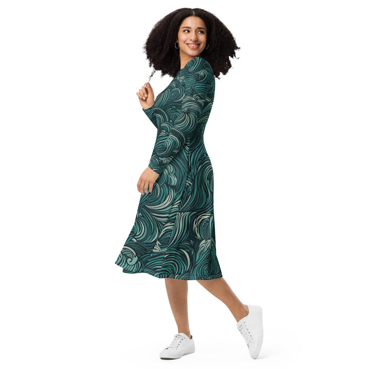 Womens Long Sleeve Midi Dress - Mint Green Water Wave Print-2
