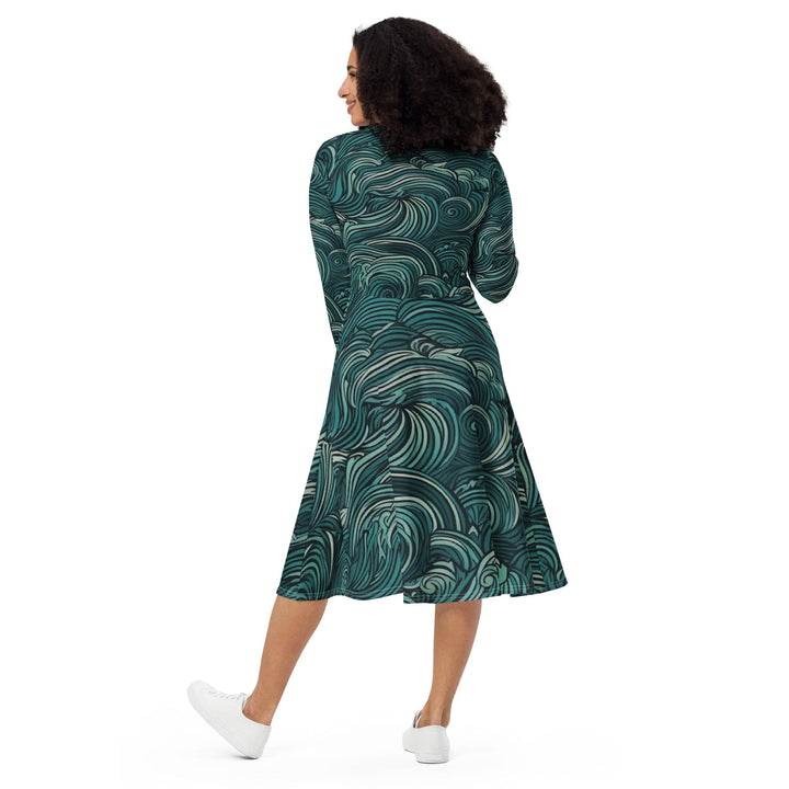Womens Long Sleeve Midi Dress - Mint Green Water Wave Print-4
