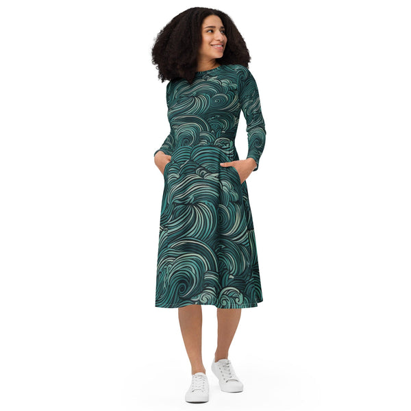 Womens Long Sleeve Midi Dress - Mint Green Water Wave Print-0