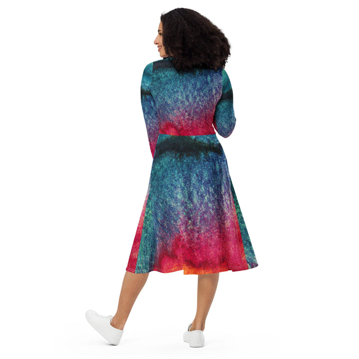 Womens Long Sleeve Midi Dress - Multicolor Abstract Pattern 2-1