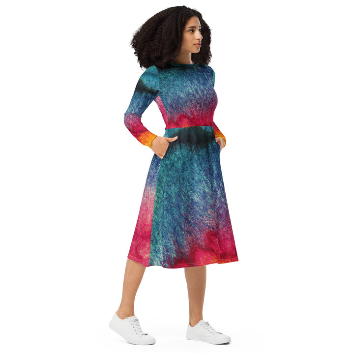 Womens Long Sleeve Midi Dress - Multicolor Abstract Pattern 2-3