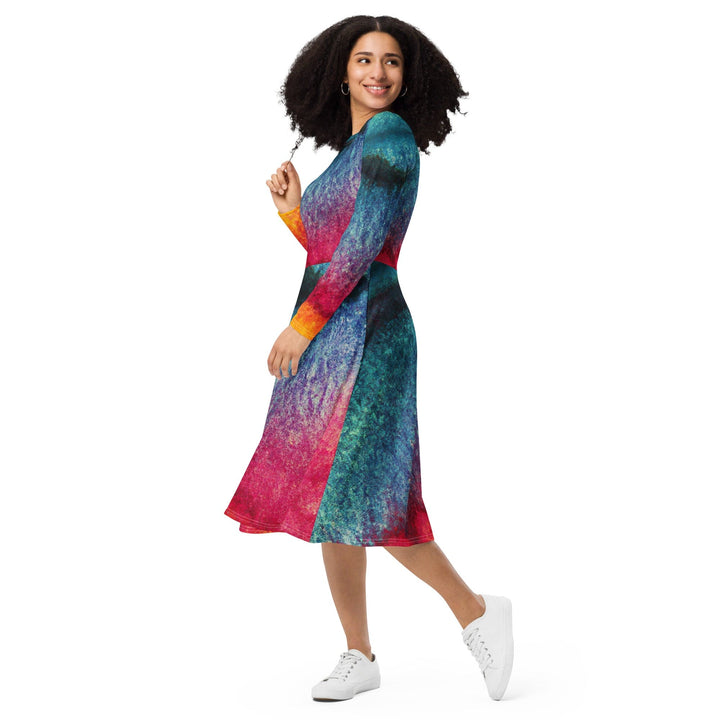 Womens Long Sleeve Midi Dress - Multicolor Abstract Pattern 2-2