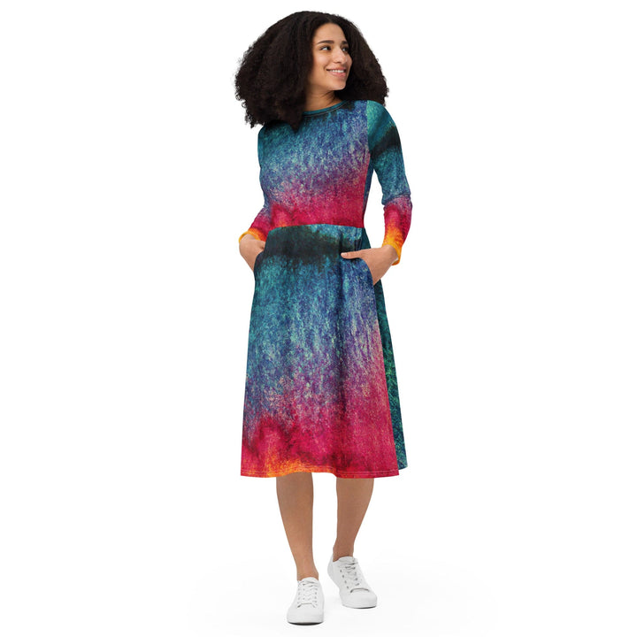 Womens Long Sleeve Midi Dress - Multicolor Abstract Pattern 2-0