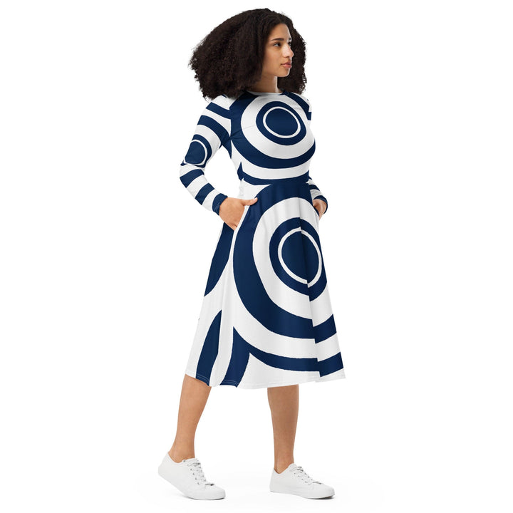 Womens Long Sleeve Midi Dress - Navy Blue and White Circular Pattern-3