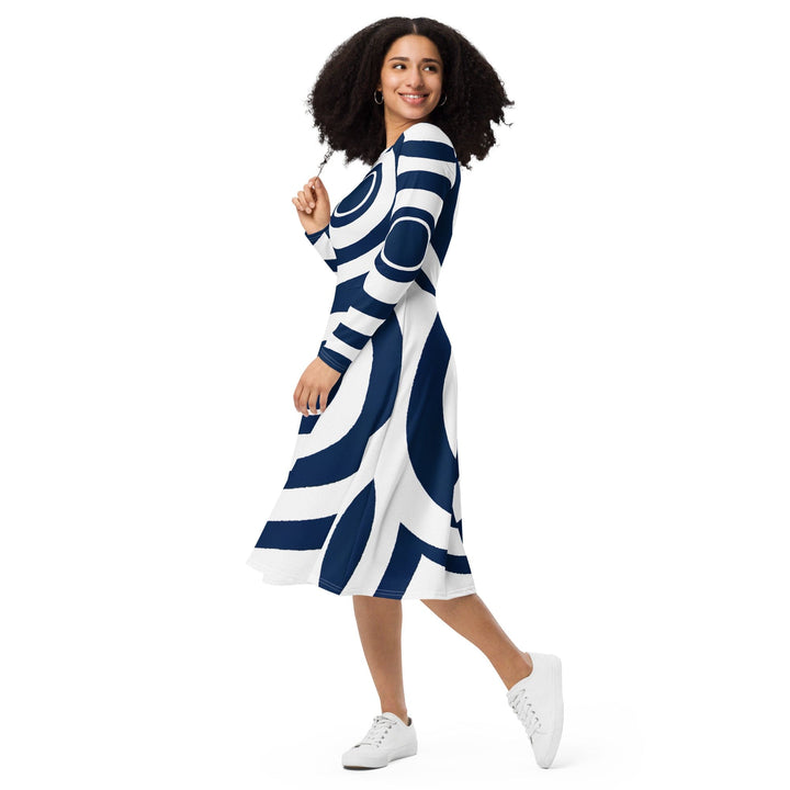 Womens Long Sleeve Midi Dress - Navy Blue and White Circular Pattern-2