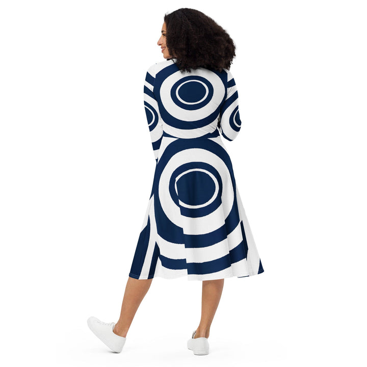 Womens Long Sleeve Midi Dress - Navy Blue and White Circular Pattern-4
