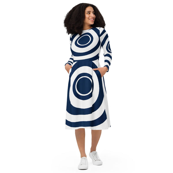 Womens Long Sleeve Midi Dress - Navy Blue and White Circular Pattern-0