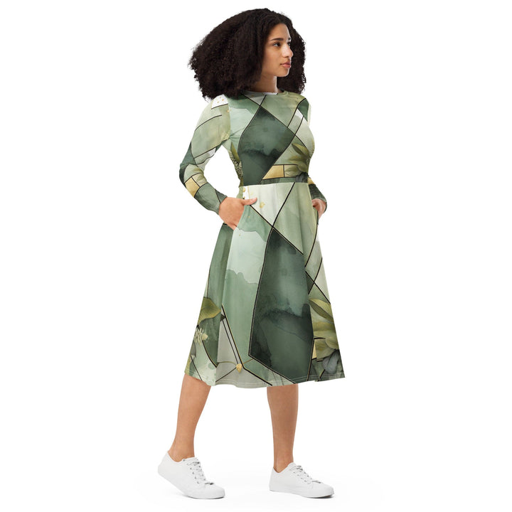 Womens Long Sleeve Midi Dress - Olive Green Mint Leaf Geometric Print-3