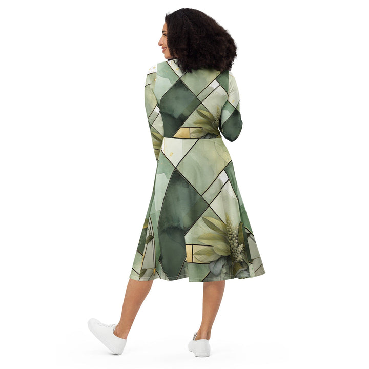 Womens Long Sleeve Midi Dress - Olive Green Mint Leaf Geometric Print-1