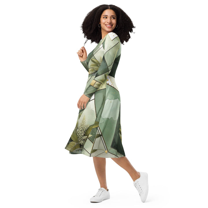 Womens Long Sleeve Midi Dress - Olive Green Mint Leaf Geometric Print-2
