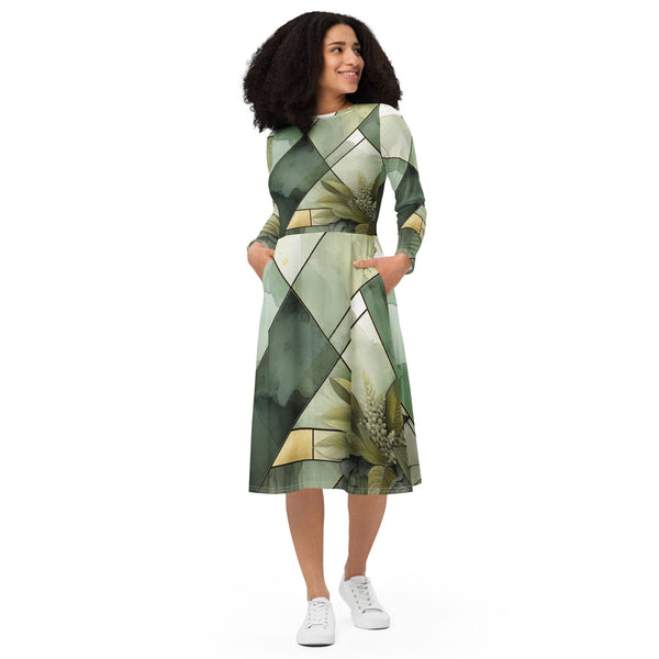 Womens Long Sleeve Midi Dress - Olive Green Mint Leaf Geometric Print-0