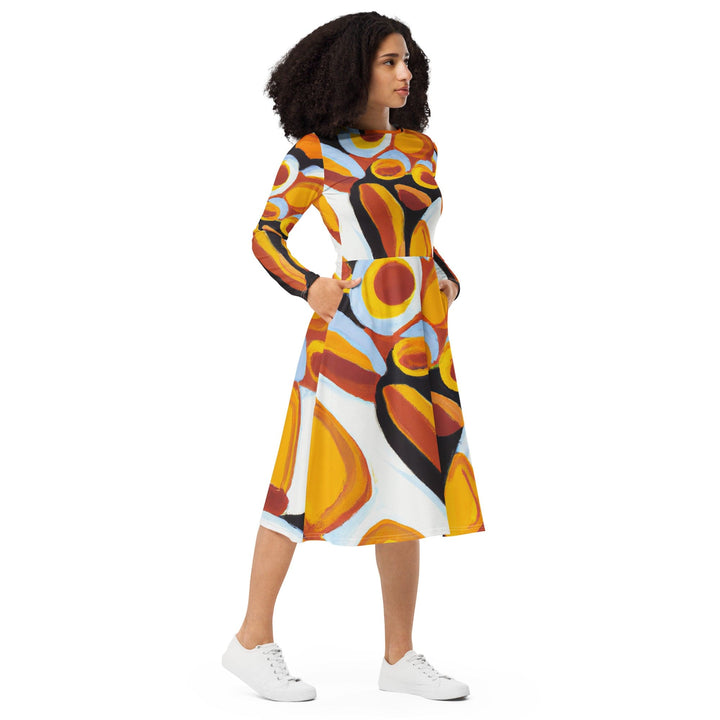 Womens Long Sleeve Midi Dress - Orange Black White Geometric Print-3