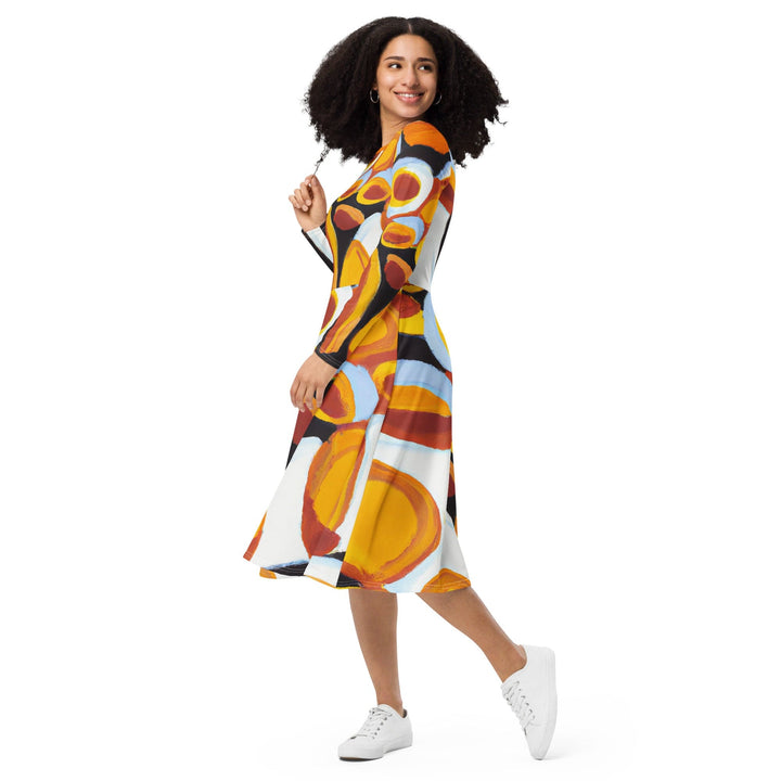 Womens Long Sleeve Midi Dress - Orange Black White Geometric Print-2