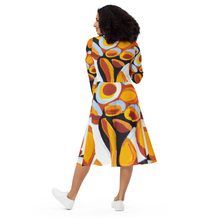 Womens Long Sleeve Midi Dress - Orange Black White Geometric Print-1
