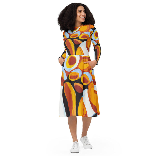 Womens Long Sleeve Midi Dress - Orange Black White Geometric Print-0