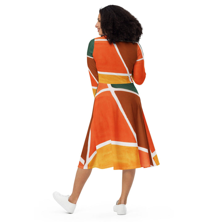 Womens Long Sleeve Midi Dress - Orange Green Boho Pattern-4