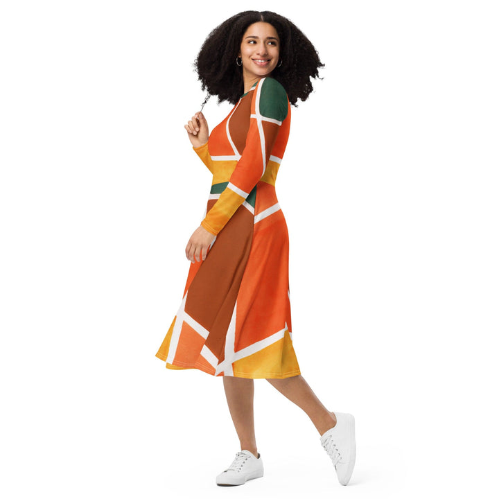 Womens Long Sleeve Midi Dress - Orange Green Boho Pattern-2