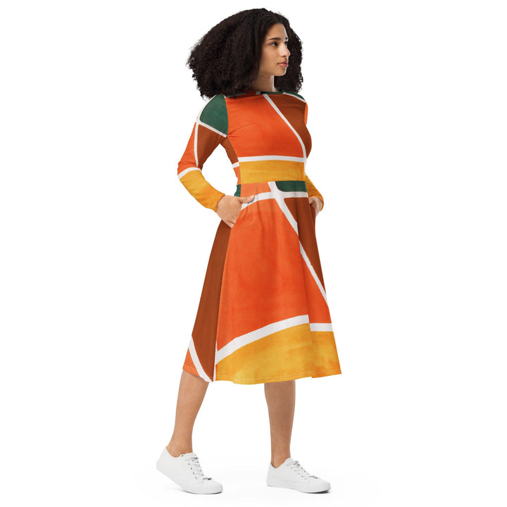 Womens Long Sleeve Midi Dress - Orange Green Boho Pattern-3