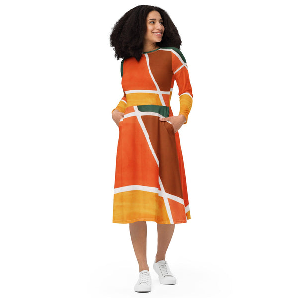 Womens Long Sleeve Midi Dress - Orange Green Boho Pattern-0