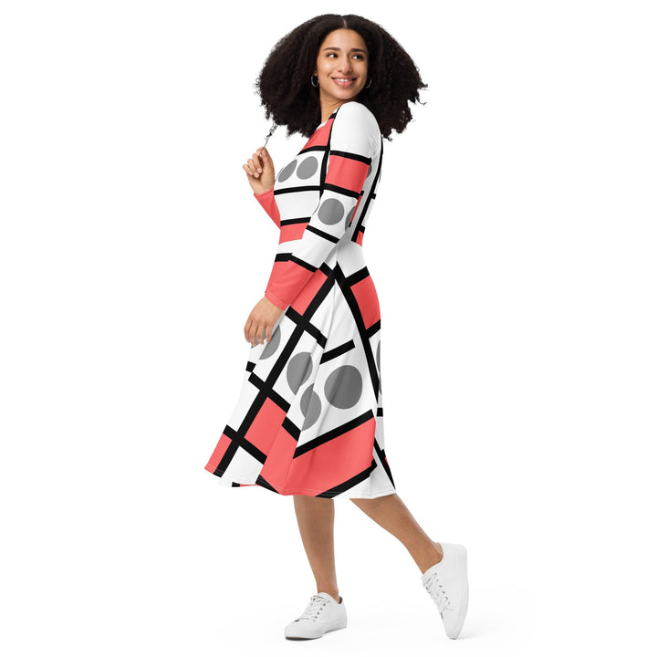 Womens Long Sleeve Midi Dress - Pale Red Print-2