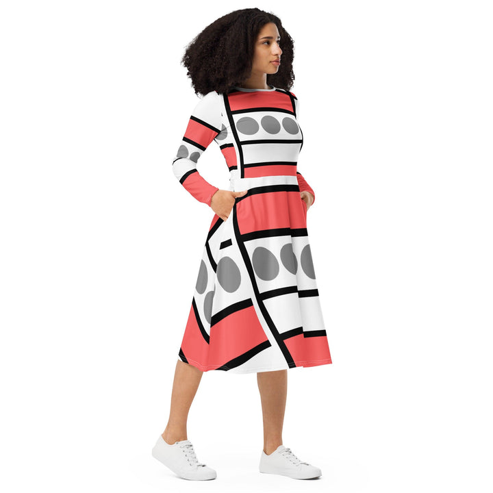 Womens Long Sleeve Midi Dress - Pale Red Print-3