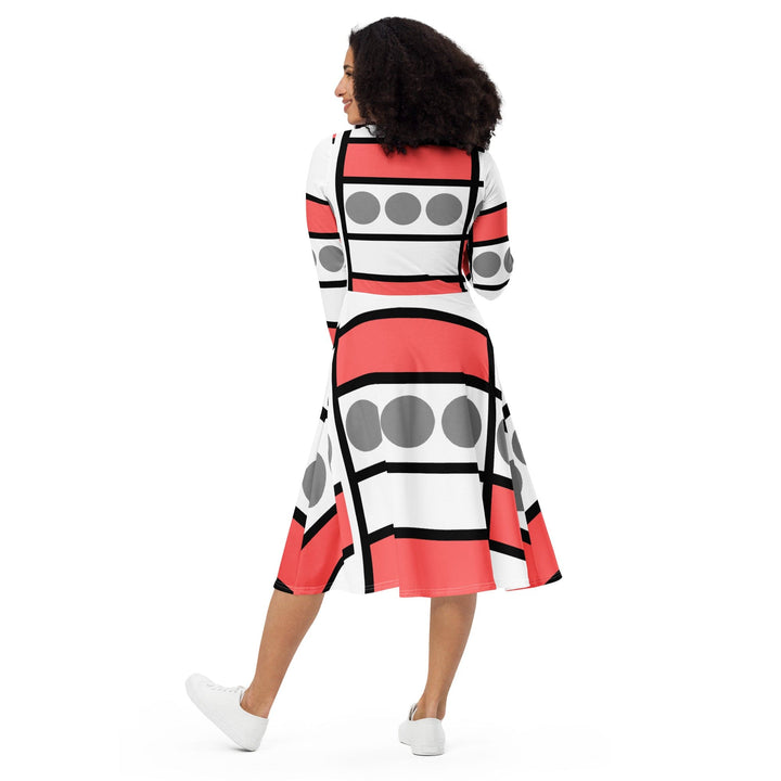 Womens Long Sleeve Midi Dress - Pale Red Print-1