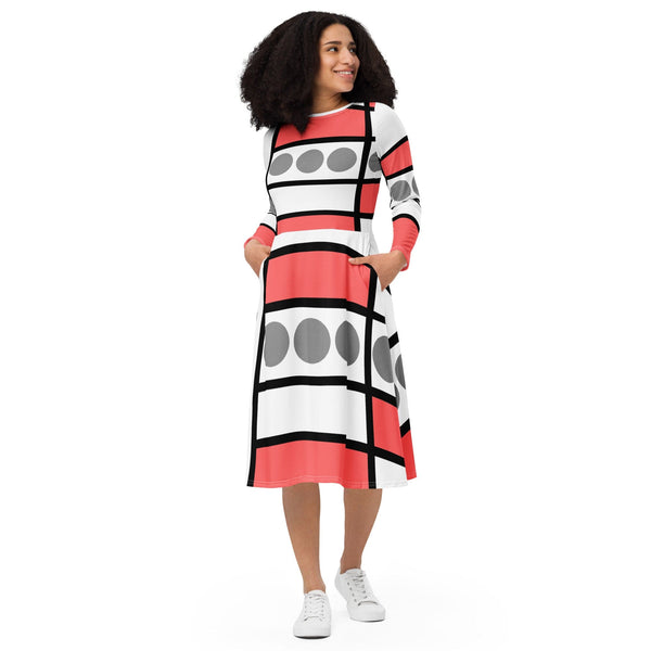 Womens Long Sleeve Midi Dress - Pale Red Print-0