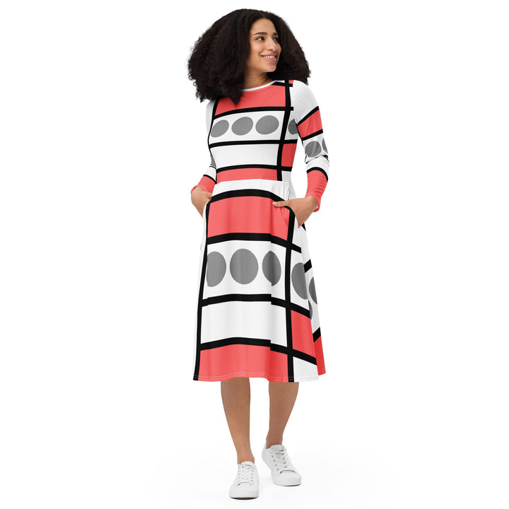 Womens Long Sleeve Midi Dress - Pale Red Print-0