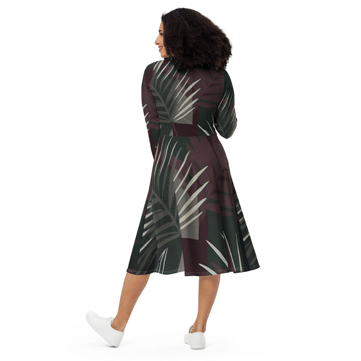 Womens Long Sleeve Midi Dress - Palm Tree Leaves Maroon Green-4
