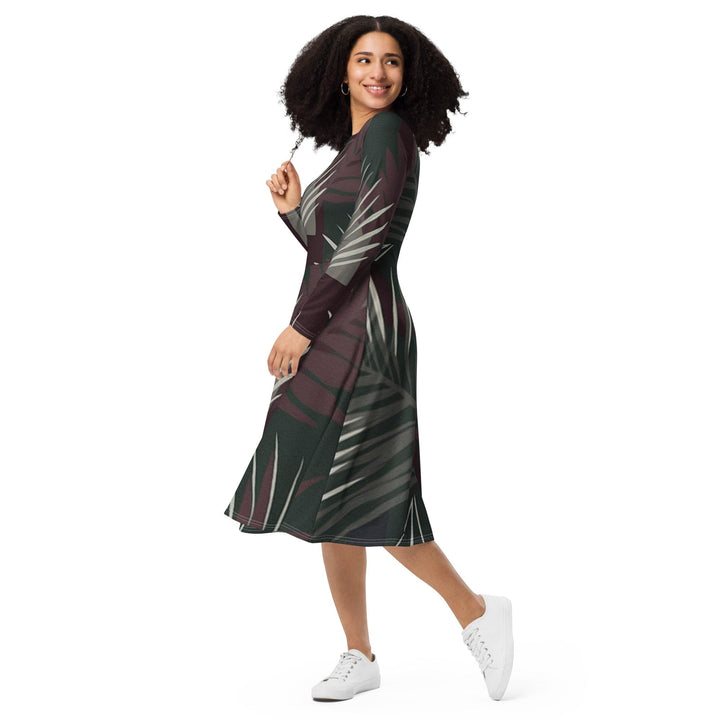 Womens Long Sleeve Midi Dress - Palm Tree Leaves Maroon Green-2