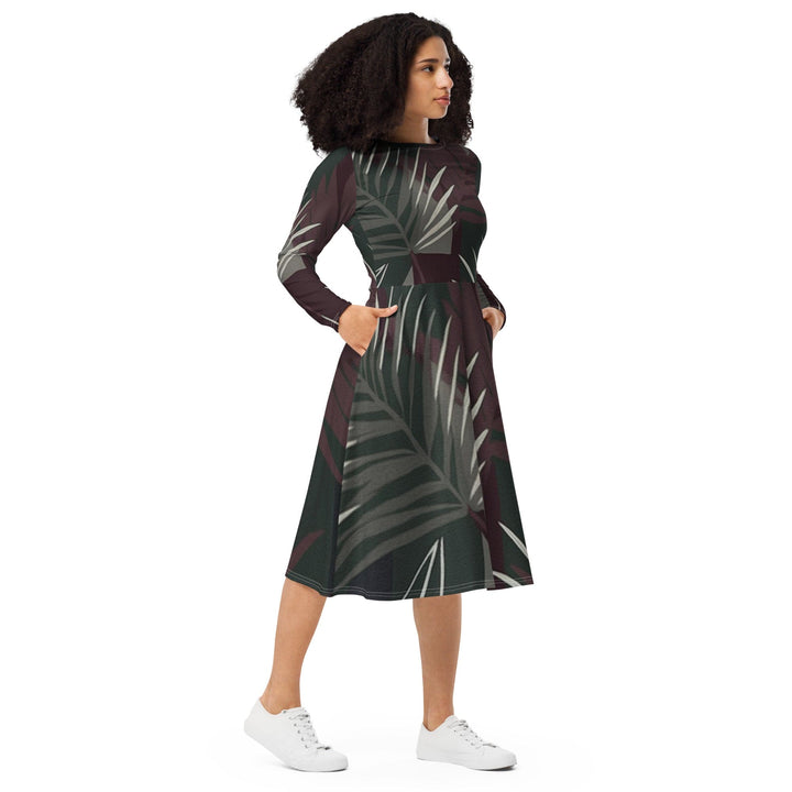Womens Long Sleeve Midi Dress - Palm Tree Leaves Maroon Green-3