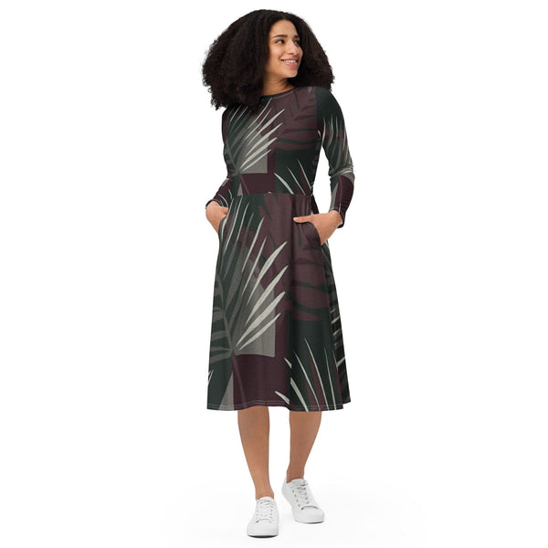 Womens Long Sleeve Midi Dress - Palm Tree Leaves Maroon Green-0
