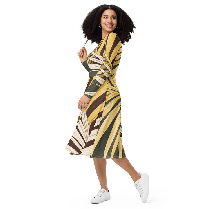 Womens Long Sleeve Midi Dress - Palm Tree Leaves Pattern-2