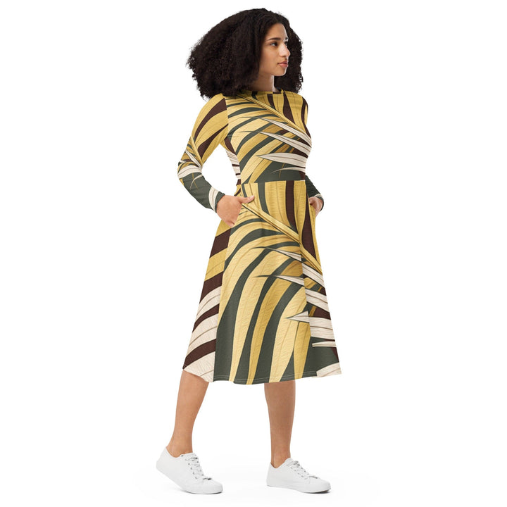 Womens Long Sleeve Midi Dress - Palm Tree Leaves Pattern-3