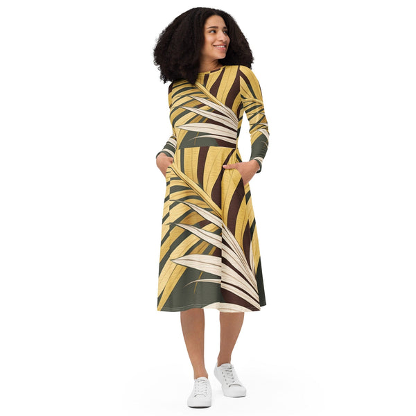 Womens Long Sleeve Midi Dress - Palm Tree Leaves Pattern-0