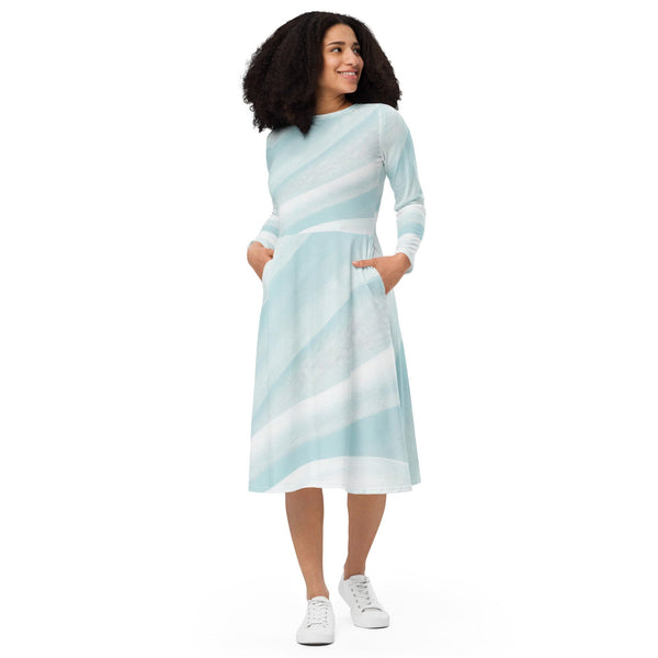 Womens Long Sleeve Midi Dress - Pastel Blue Swirl-0