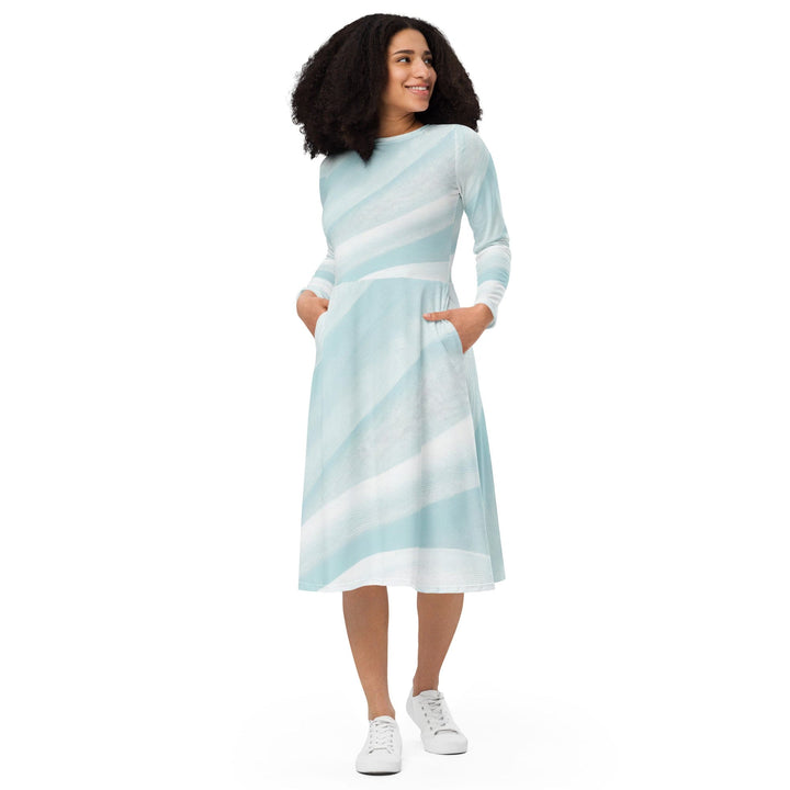 Womens Long Sleeve Midi Dress - Pastel Blue Swirl-0