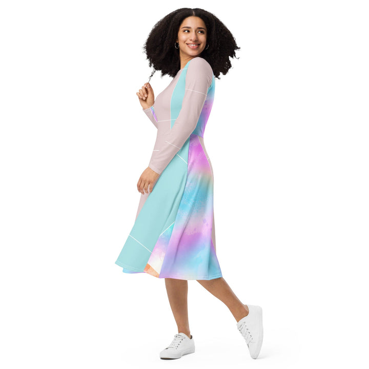 Womens Long Sleeve Midi Dress - Pastel Colorblock Watercolor-2